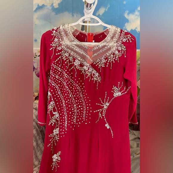 ao dai chiffon chi phong, Vietnamese traditional long dress set red xxl 2xl 8 - Picture 1 of 5